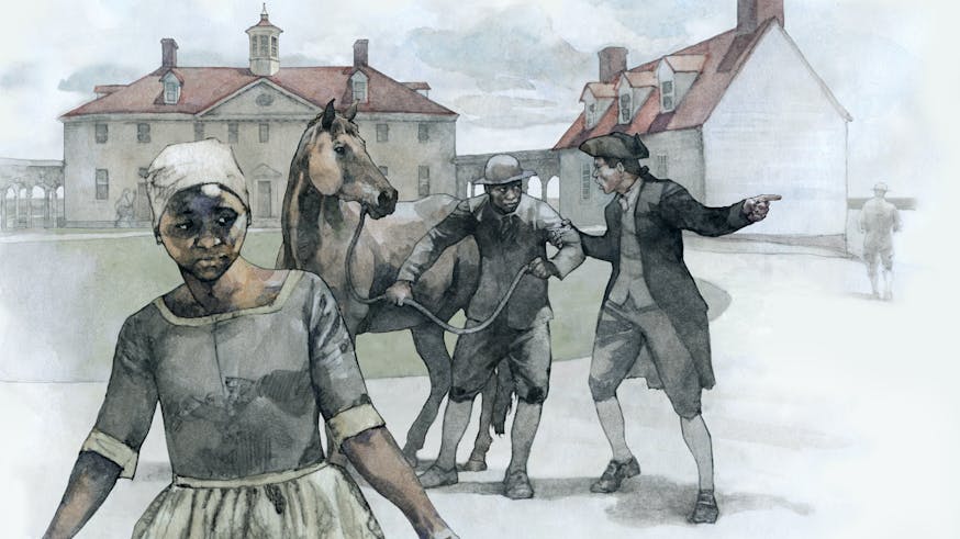 A watercolor depicts Deborah, a person of African descent, in the foreground carrying a water bucket in her left hand with Mt. Vernon in the background. Deborah faces the viewer as her eyes look to the side. Behind her is a person of African descent pulling a horse. In turn, there is a white slave master pulling the person of African descent’s left arm.