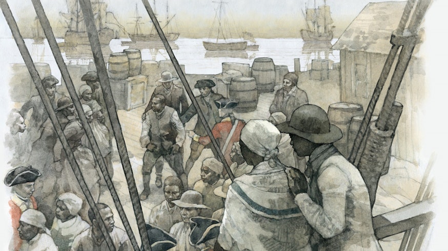 A watercolor depicts Deborah and Harry, with their backs to the viewer, aboard a ship setting sail for Nova Scotia. They look out on men and women in the streets fighting for their freedom, as the Americans won the war. Many people were fighting for a place on the ships that were evacuating Loyalists.