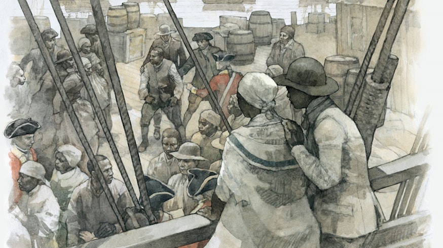 A watercolor depicts Deborah and Harry, with their backs to the viewer, aboard a ship setting sail for Nova Scotia. They look out on men and women in the streets fighting for their freedom, as the Americans won the war. Many people were fighting for a place on the ships that were evacuating Loyalists.