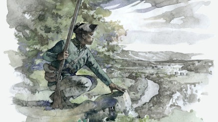A watercolor depicts Jack, a person of African descent, crouching down with a rifle in his right hand. His left hand is lying on a rock and he is overlooking the countryside.