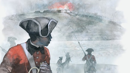 A watercolor depicts London, a person of African descent, with his trumpet lowered in his right hand. He is looking over his left shoulder toward a hill. On top of the hill, there is a fire and smoke. Running toward the hill are four British soldiers with their rifles pointed.