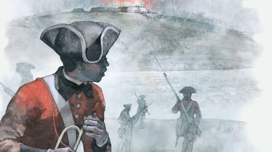 A watercolor depicts London, a person of African descent, with his trumpet lowered in his right hand. He is looking over his left shoulder toward a hill. On top of the hill, there is a fire and smoke. Running toward the hill are four British soldiers with their rifles pointed.