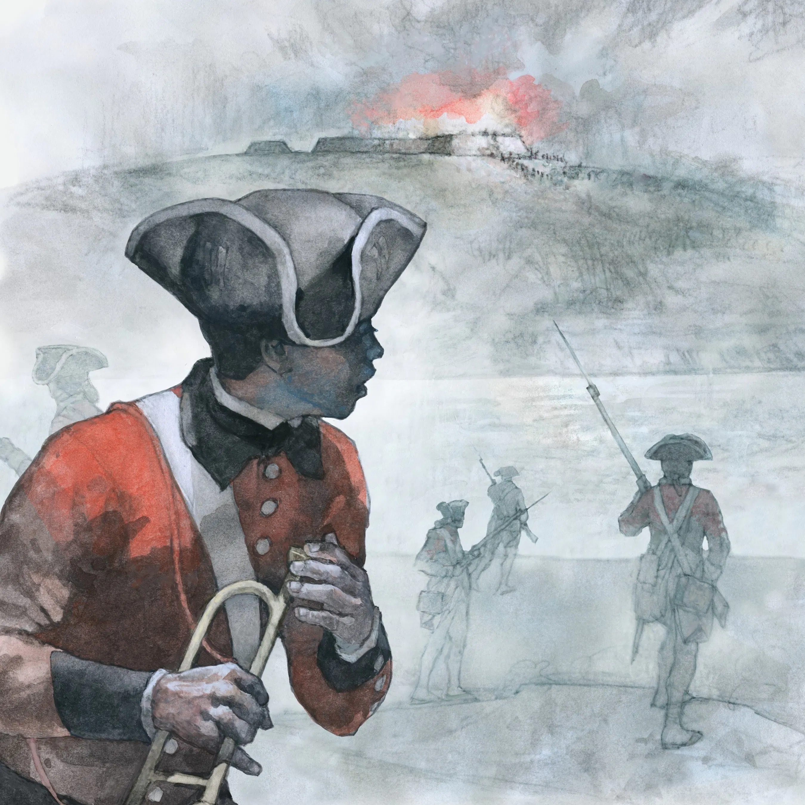 A watercolor depicts London, a person of African descent, with his trumpet lowered in his right hand. He is looking over his left shoulder toward a hill. On top of the hill, there is a fire and smoke. Running toward the hill are four British soldiers with their rifles pointed.