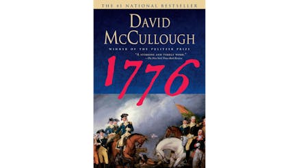 This image shows the book cover of 1776 by David McCullough. 1776 is written in large red font in the center of the image. On the bottom, there is a painting depicting the Continental Army.