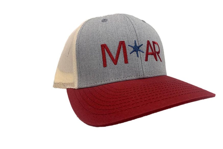 This ballcap has a grey front featuring the M-star-A-R logo and a red brim.