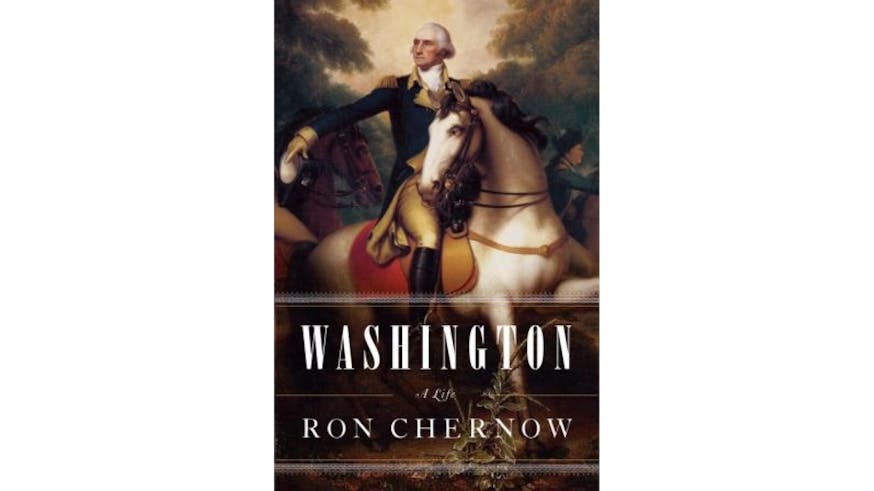 This image depicts the book cover of Washington: A Life by Ron Chernow. It is an illustration of George Washington on a white horse. He is wearing a blue suite with tan pans and black riding boots. He and the horse are looking to their ride in the midst of riding.